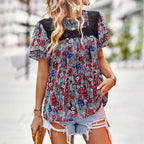 Women's Floral Blouse with Lace Trim