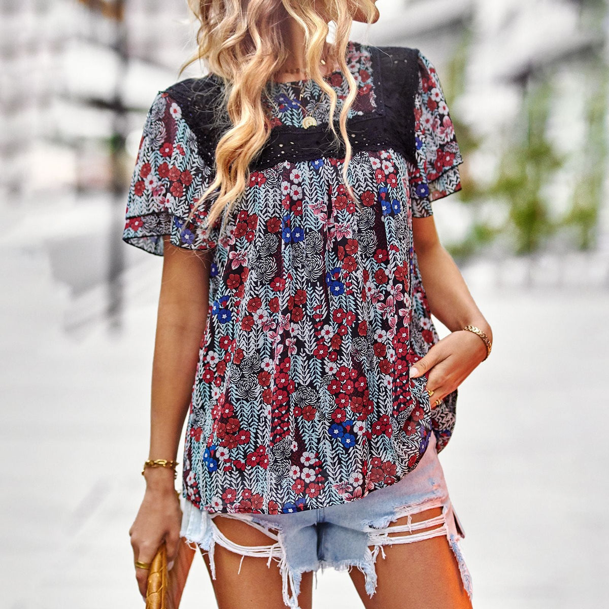 Women's Floral Blouse with Lace Trim