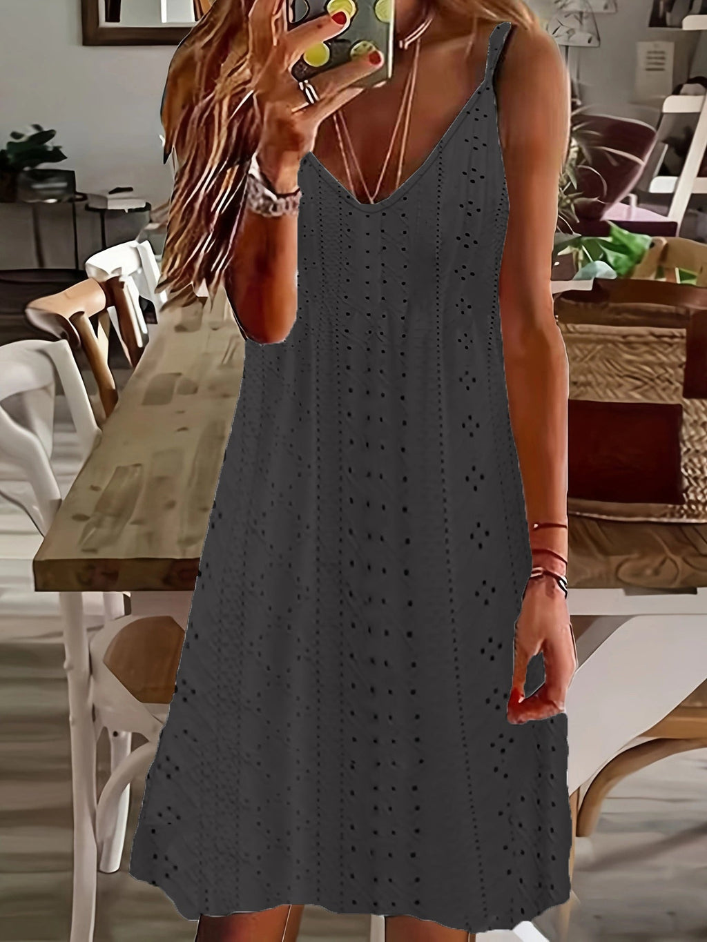 Women's Sleeveless Summer Dress with Decorative Eyelet Pattern and V-Neck