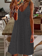 Women's Sleeveless Summer Dress with Decorative Eyelet Pattern and V-Neck