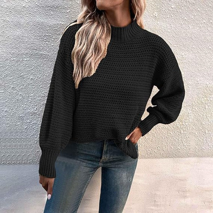 Women's Chunky Knit Sweater with High Collar and Balloon Sleeves