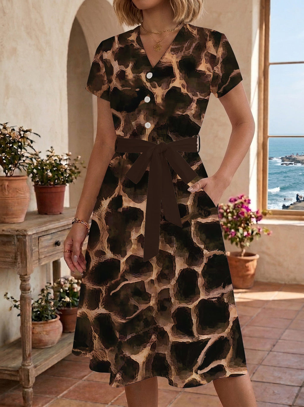 Women's Floral Midi Dress with Adjustable Belt