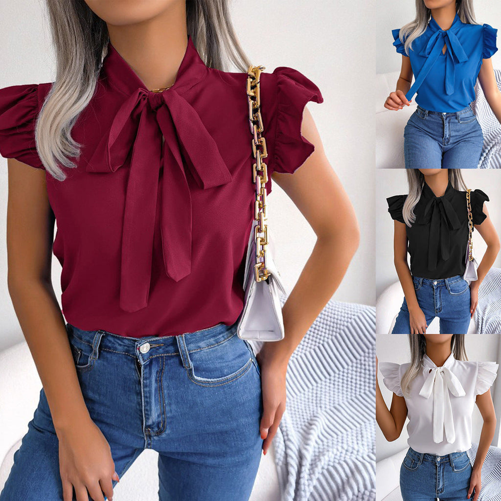 Women's Blouse with Ruffle Details and Chic Bow Element