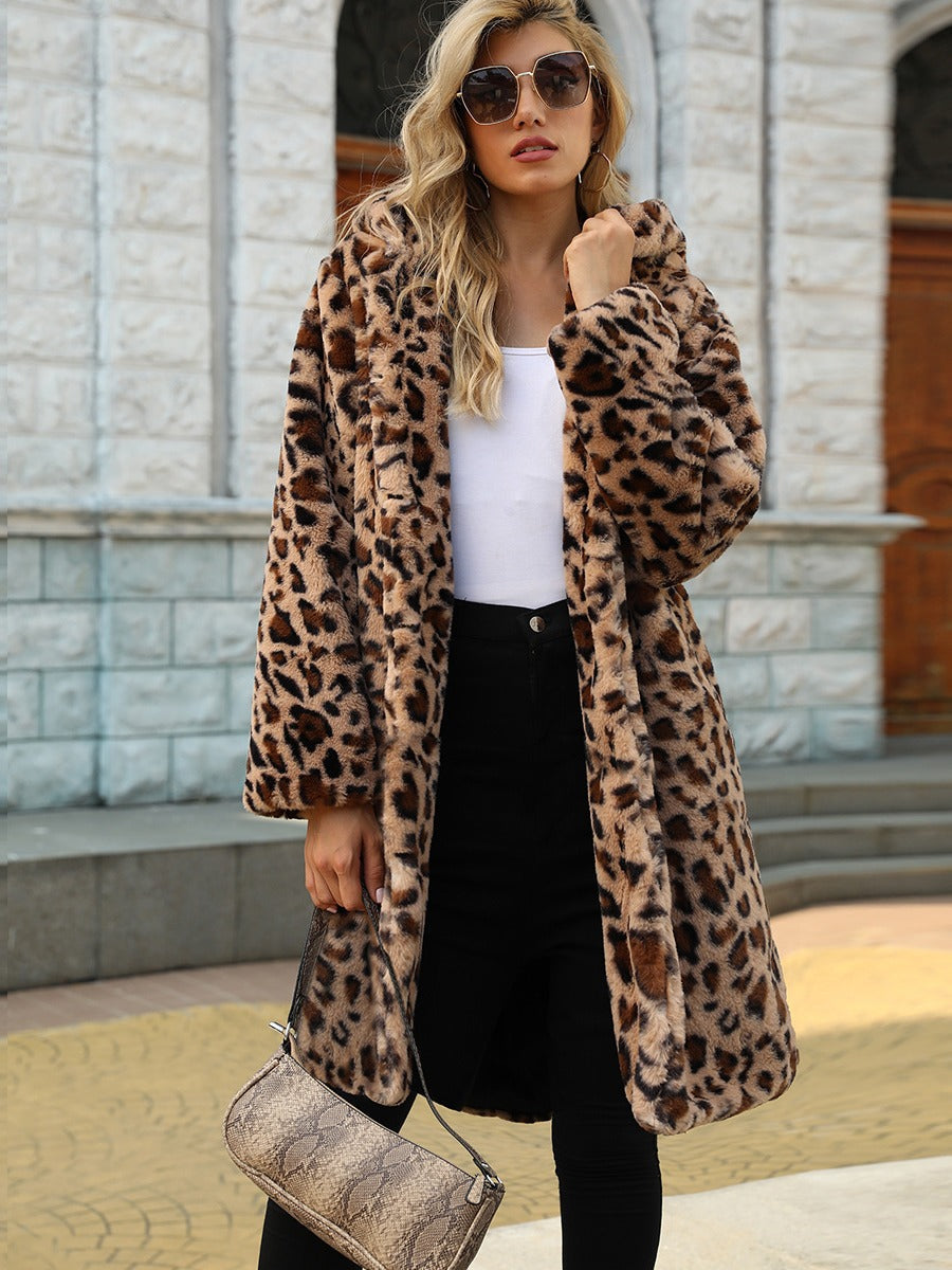 Elegant Leopard Print Faux Fur Coat