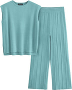 Elegant Women's Short-Sleeve Top and Pleated Trousers Set