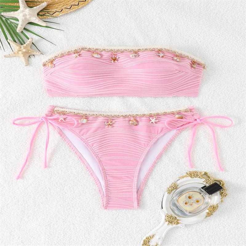 Women's Bandeau Bikini with Elegant Lace Trim and Adjustable Straps