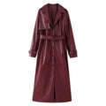 Women's Elegant Faux Leather Trench Coat with Belt