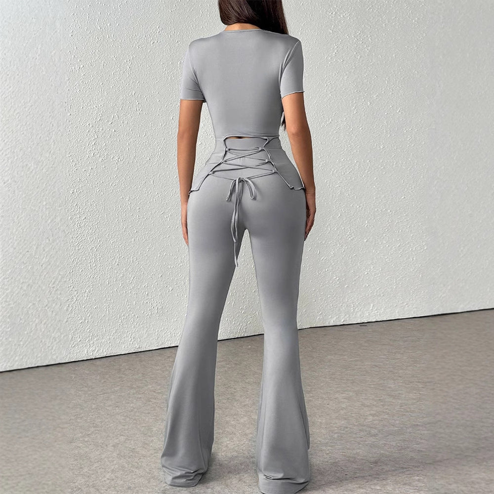 Women's Elegant Set with Form-Fitting Top and Flared Pants