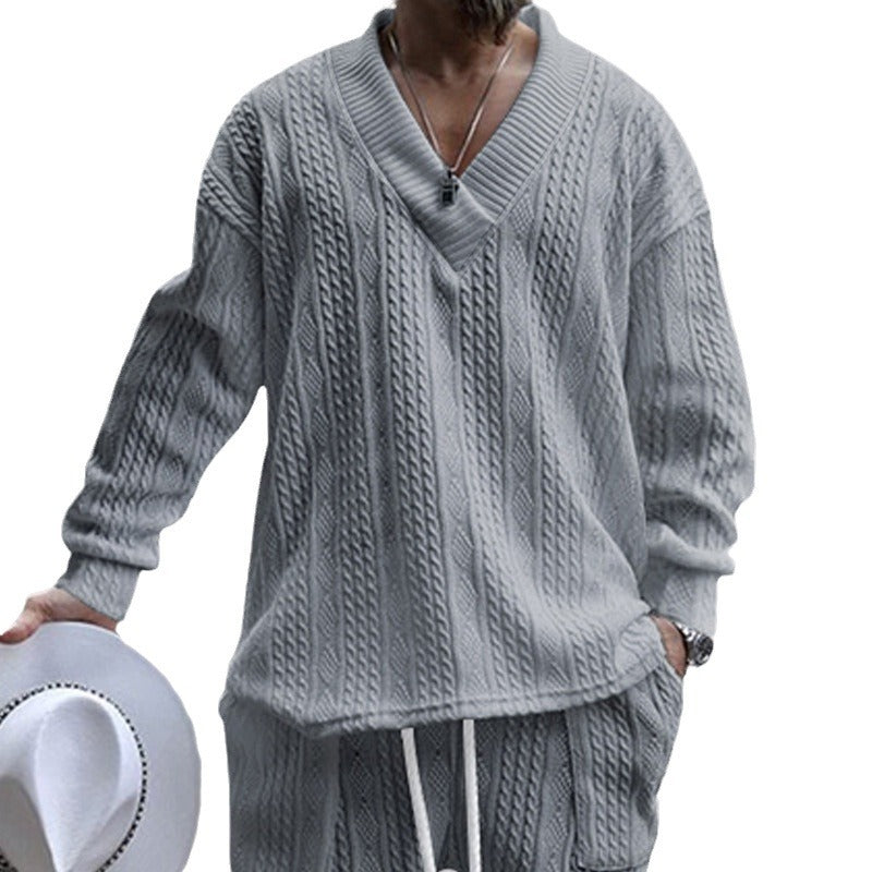 Men's relaxed knit ensemble with deep V-neck and elastic drawstring waistband