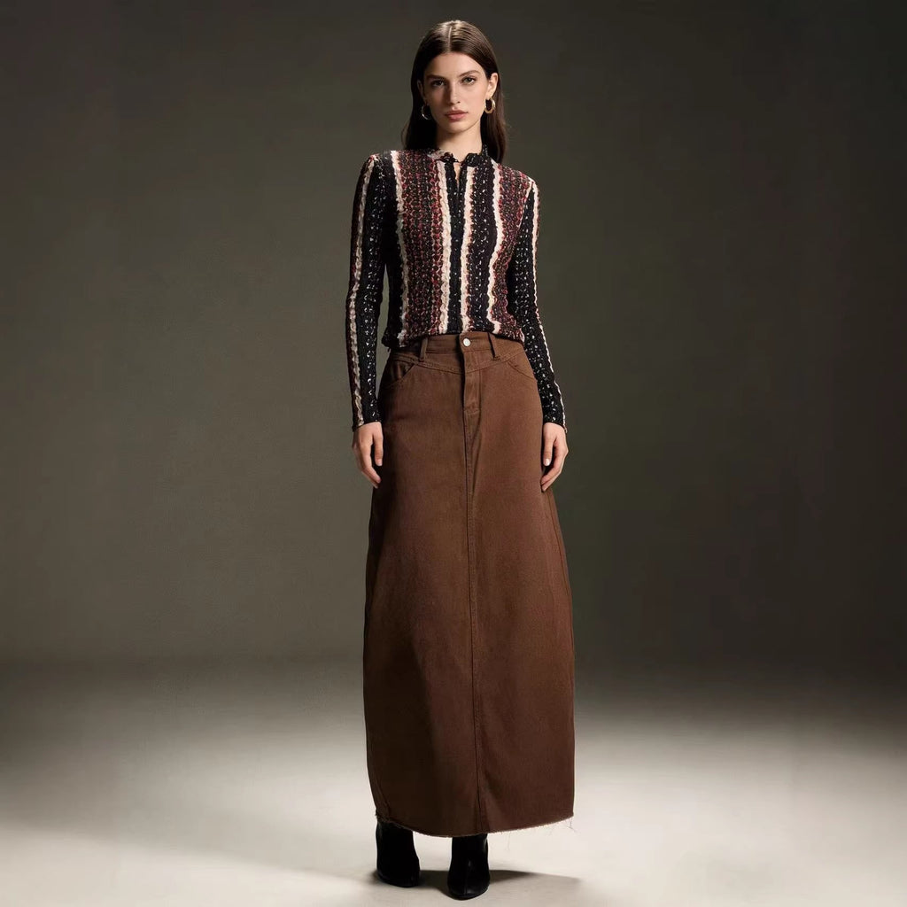 Women's High-Waisted Denim Maxi Skirt with Frayed Hem