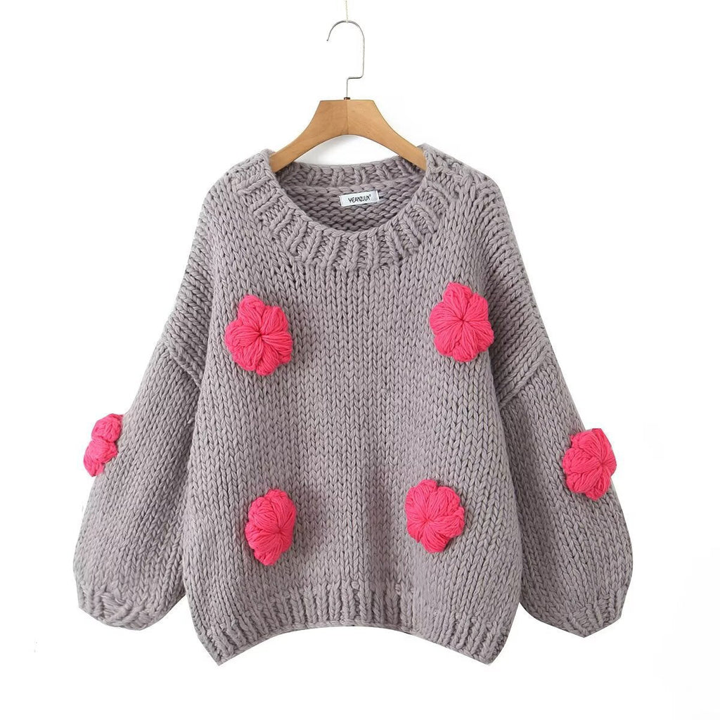Women's Polka Dot Knit Sweater with Voluminous Sleeves and Floral Design