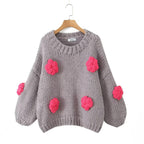 Women's Polka Dot Knit Sweater with Voluminous Sleeves and Floral Design