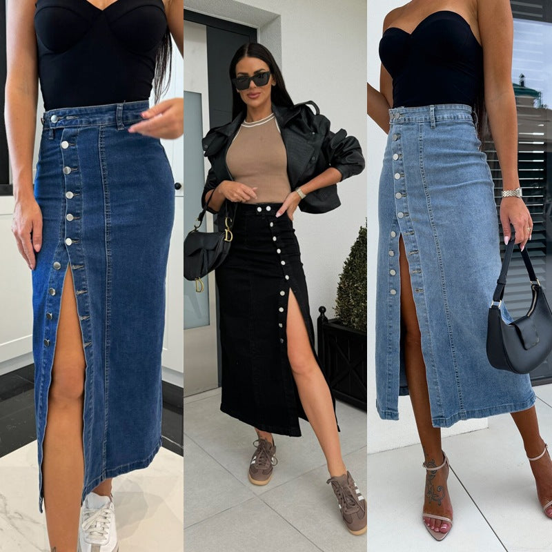 Denim Midi Skirt with Side Slit and Button Details