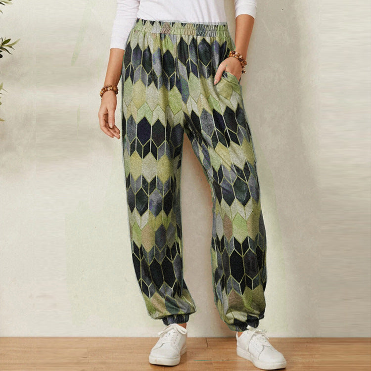 Women's Casual Pants with Modern Geometric Pattern and Elastic Waistband