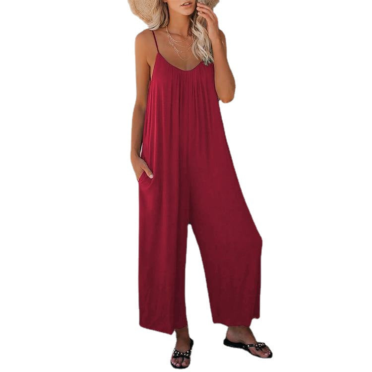 Women's Casual Summer Jumpsuit with Deep Neckline and Pockets