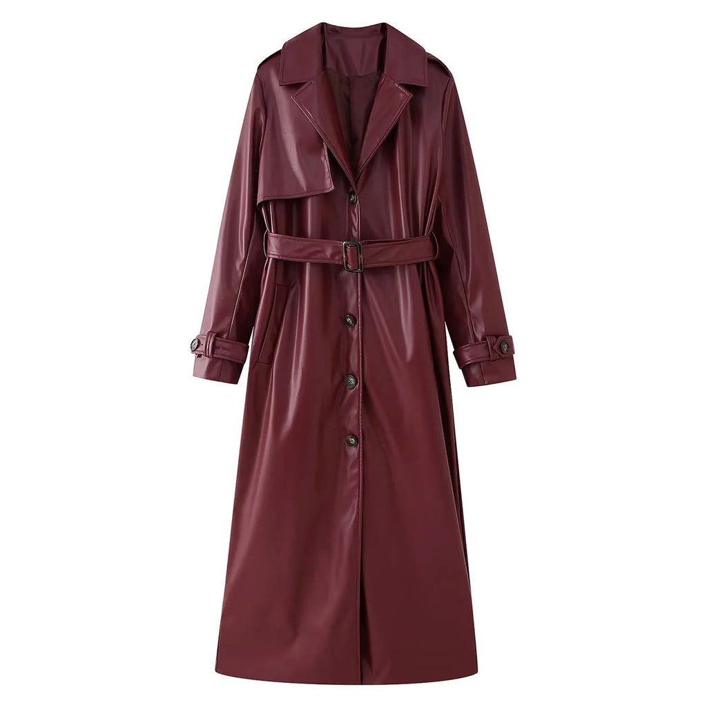 Women's Elegant Faux Leather Trench Coat with Belt