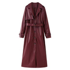 Women's Elegant Faux Leather Trench Coat with Belt