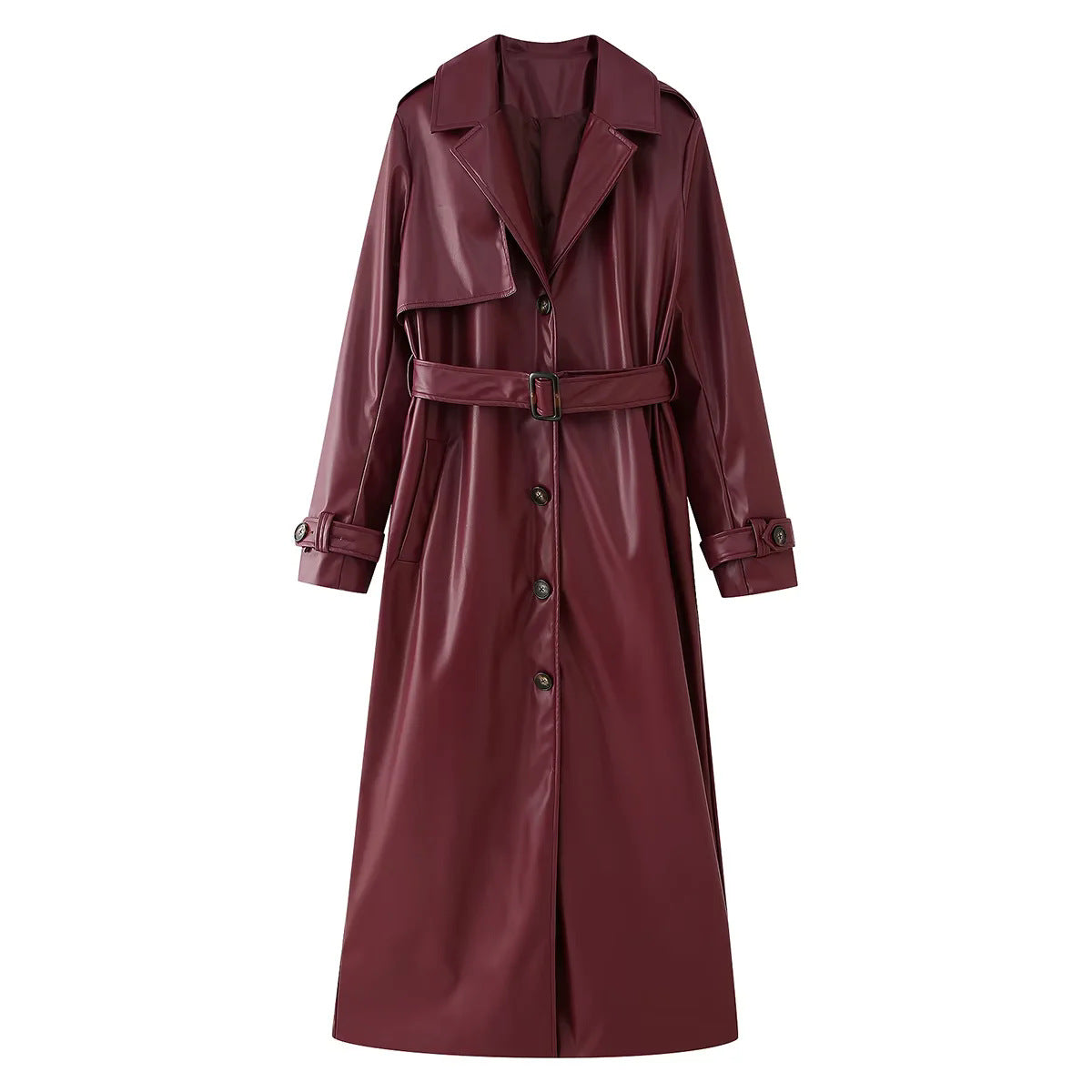 Women's Elegant Faux Leather Trench Coat with Belt