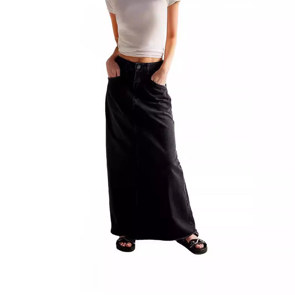 Women's Long Denim Skirt with High Waist and Pockets