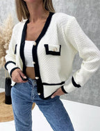 Women's Elegant Cardigan with Pearl Buttons and Contrast Details