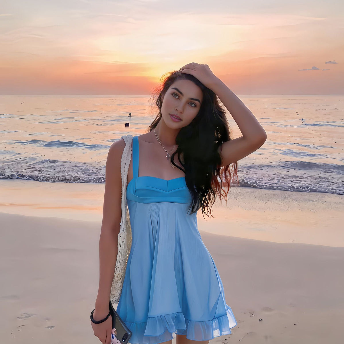 Women's Chiffon Dress with Flowing Hem and Sweetheart Neckline