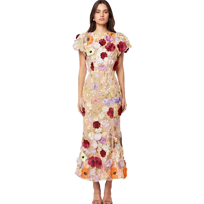 Women's Floral Dress with 3D Flower Appliqués