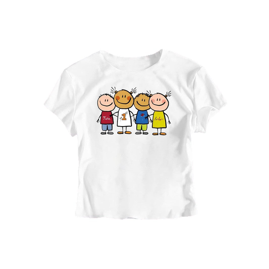 Women's Crop T-Shirt with Creative Children's Drawing Pattern
