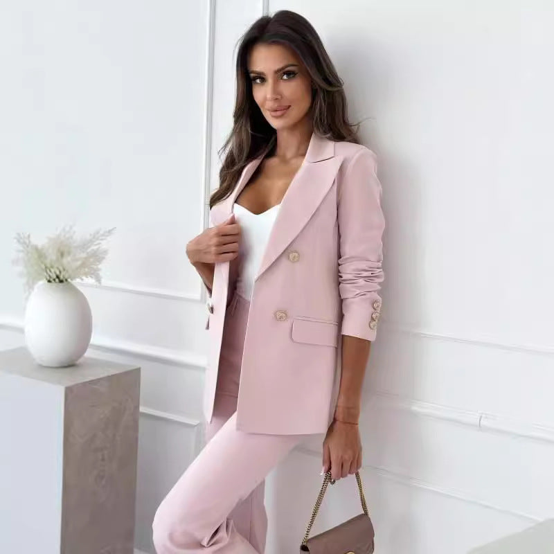 Women's Elegant Double-Breasted Blazer with Gold Buttons and Modern Fit