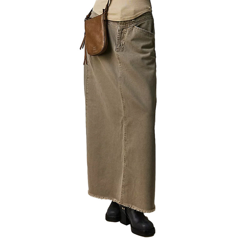 Women's Long Denim Skirt with High Waist and Pockets
