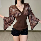 Women's Long-Sleeve Blouse with Voluminous Sleeves and Floral Print