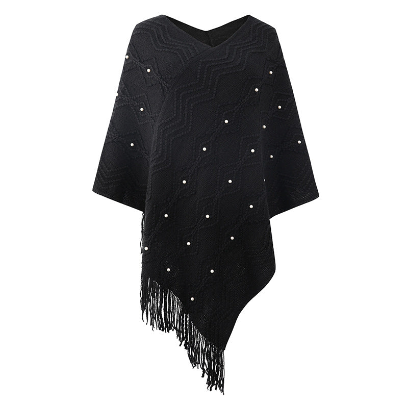 Women's Elegant Poncho with Textured Pattern and Decorative Fringe