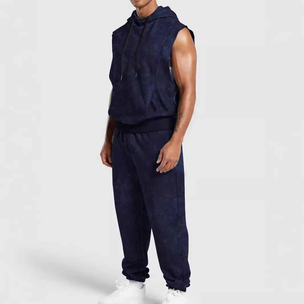 Men's sleeveless hooded sweat set in velour look with elastic joggers and ribbed cuffs