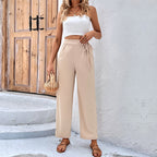 Women's Comfortable High-Waist Pants with Drawstring and Wide Cut