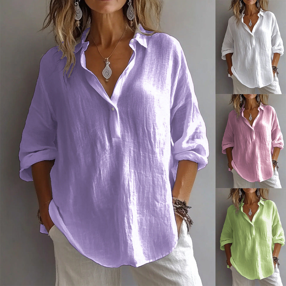 Women's Casual Linen Shirt with Button Placket and Wide Sleeves