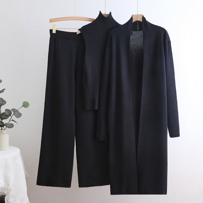 Women's Cozy Knit Loungewear Set with Long Cardigan and Ribbed Shirt
