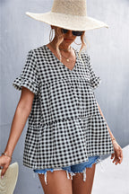 Women's Blouse with Ruffled Hem and Plaid Pattern