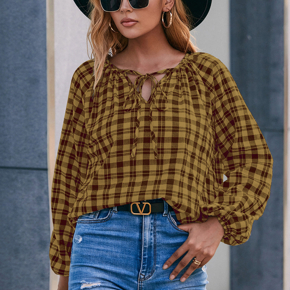 Blouse with Plaid Pattern and Bow Detail