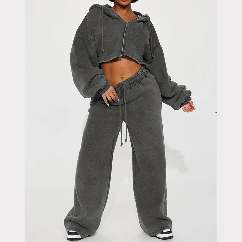 Women's Fleece Hooded Crop Top and Wide-Leg Jogger Lounge Set