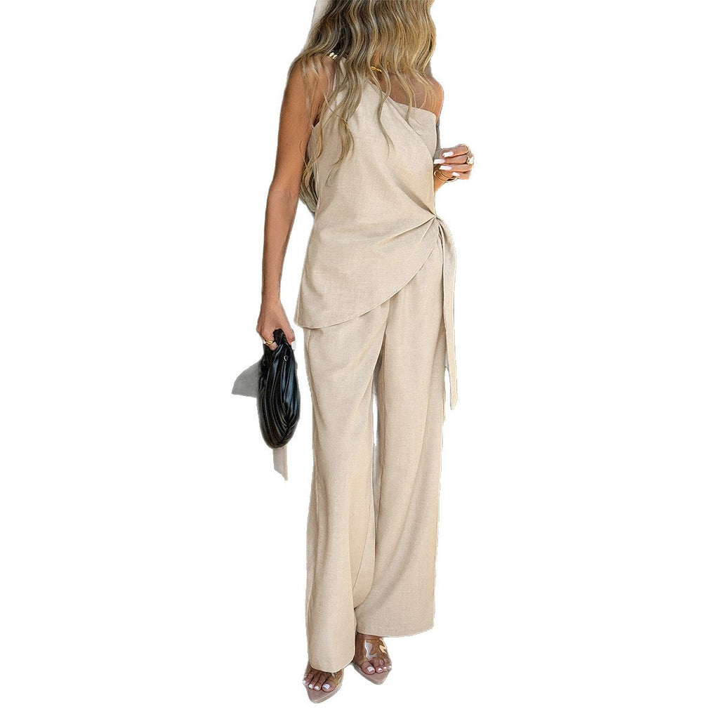 Women's Jumpsuit with Asymmetric Neckline and Wrap Design