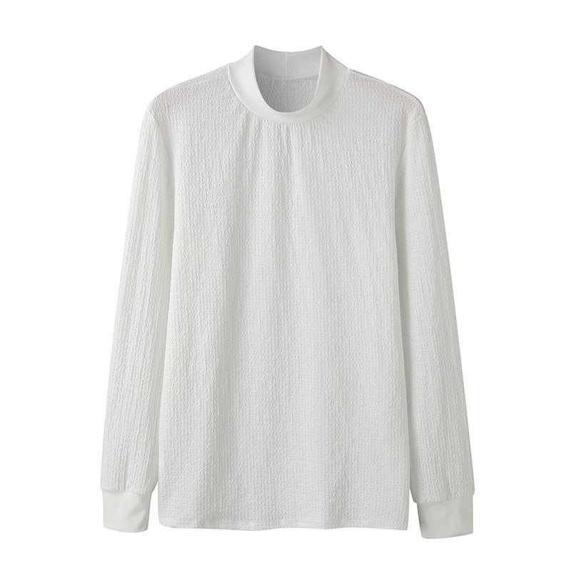 Women's Elegant Long-Sleeve Shirt with Textured Fabric and High Collar