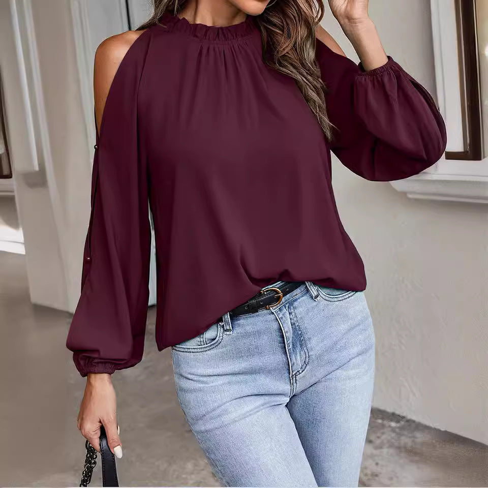 Women's Blouse with Cold Shoulder Details and Elastic Sleeves