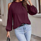 Women's Blouse with Cold Shoulder Details and Elastic Sleeves