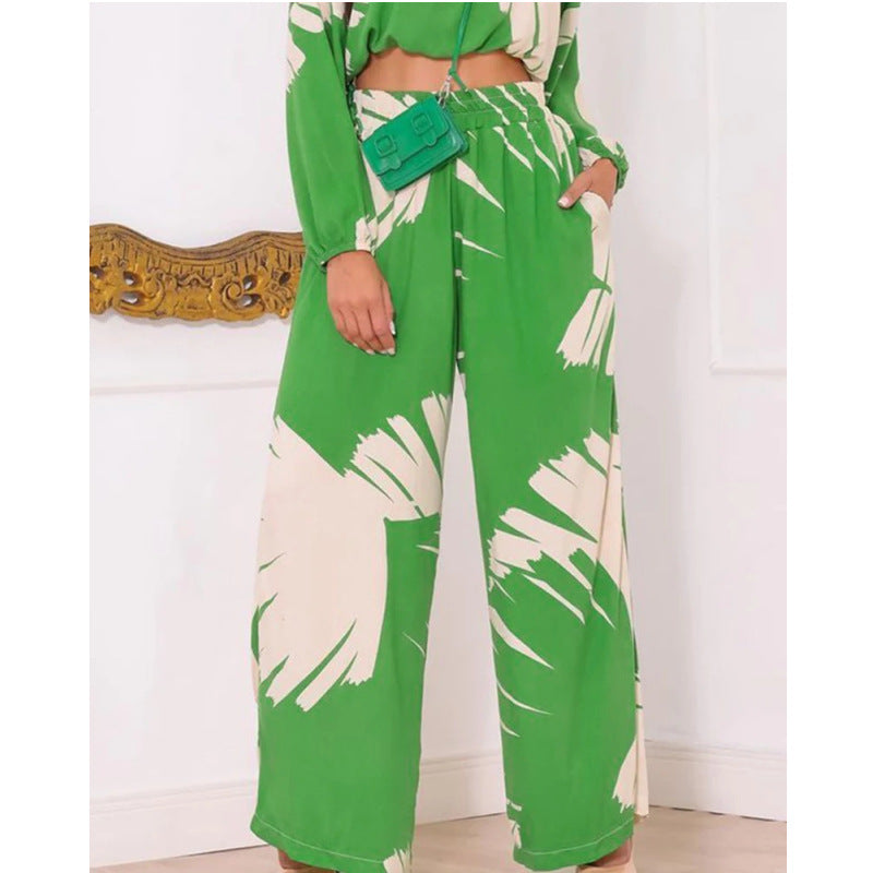 Casual Two-Piece Set with Wide-Leg Pants and Cropped Top