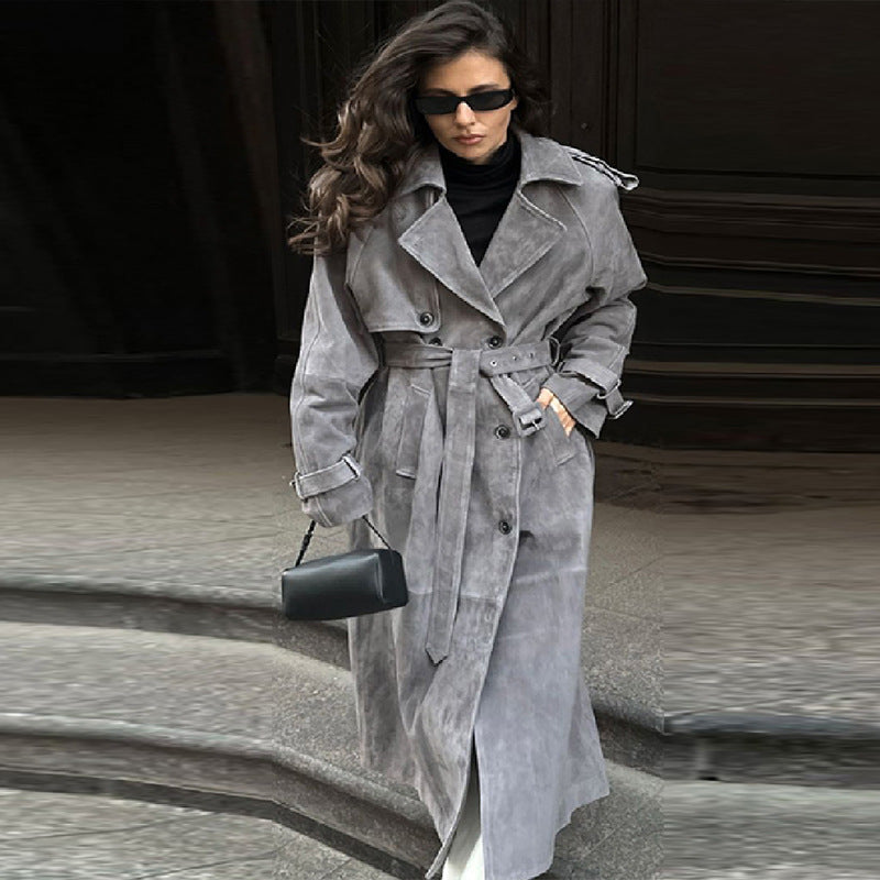 Women's Elegant Long Suede Trench Coat
