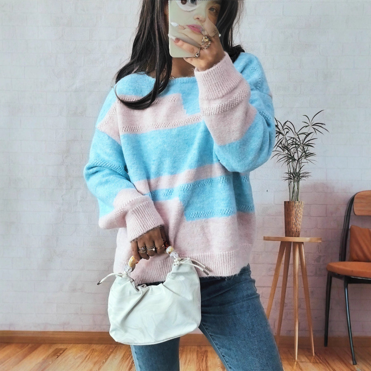 Women's Chunky Knit Sweater with Striped Pattern and Wide Cut