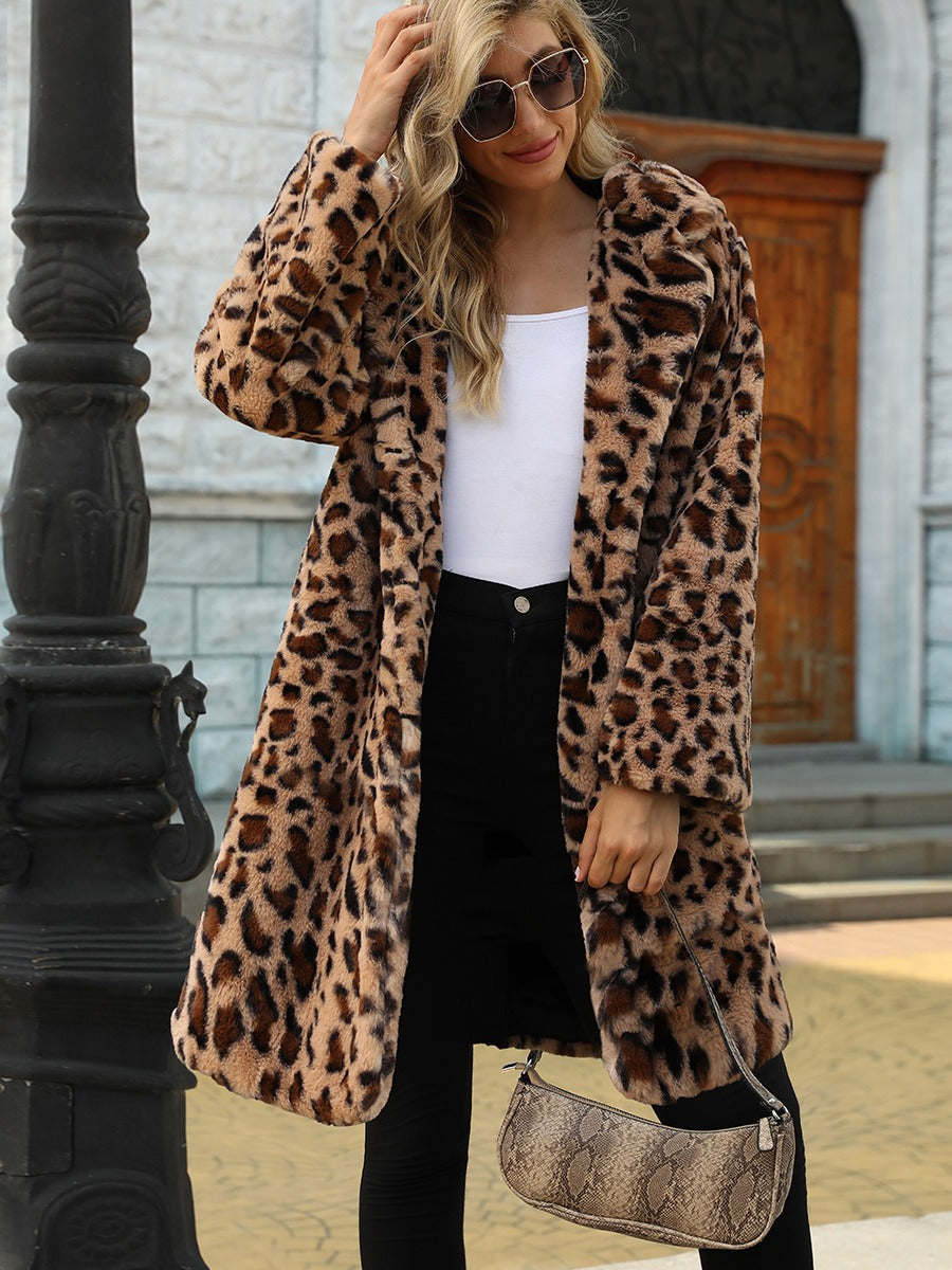 Elegant Leopard Print Faux Fur Coat