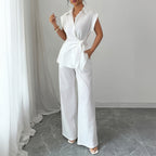 Elegant Two-Piece Set with Fitted Blouse and Wide-Leg Trousers