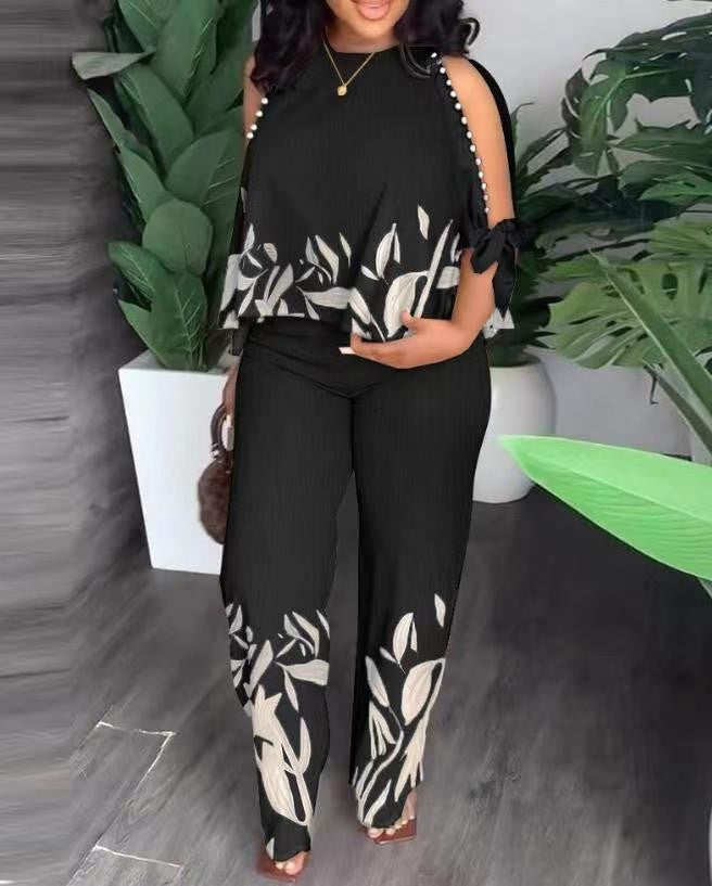 Women's Summer Outfit with Floral Design and Off-Shoulder Top