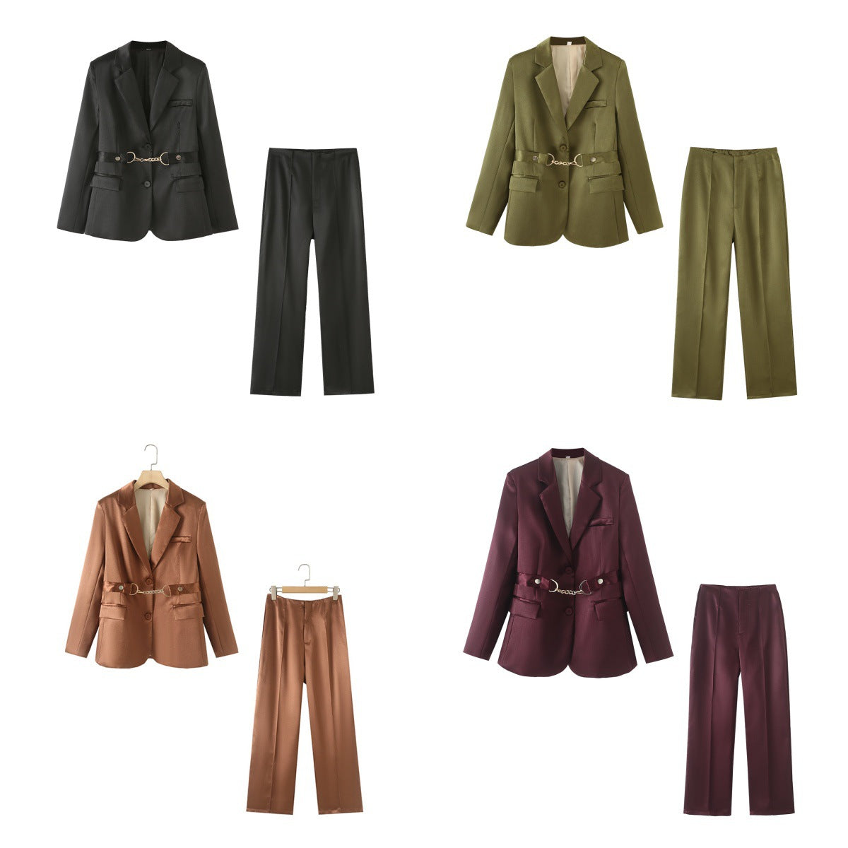 Women's Elegant Satin Blazer Set with Chain Accent