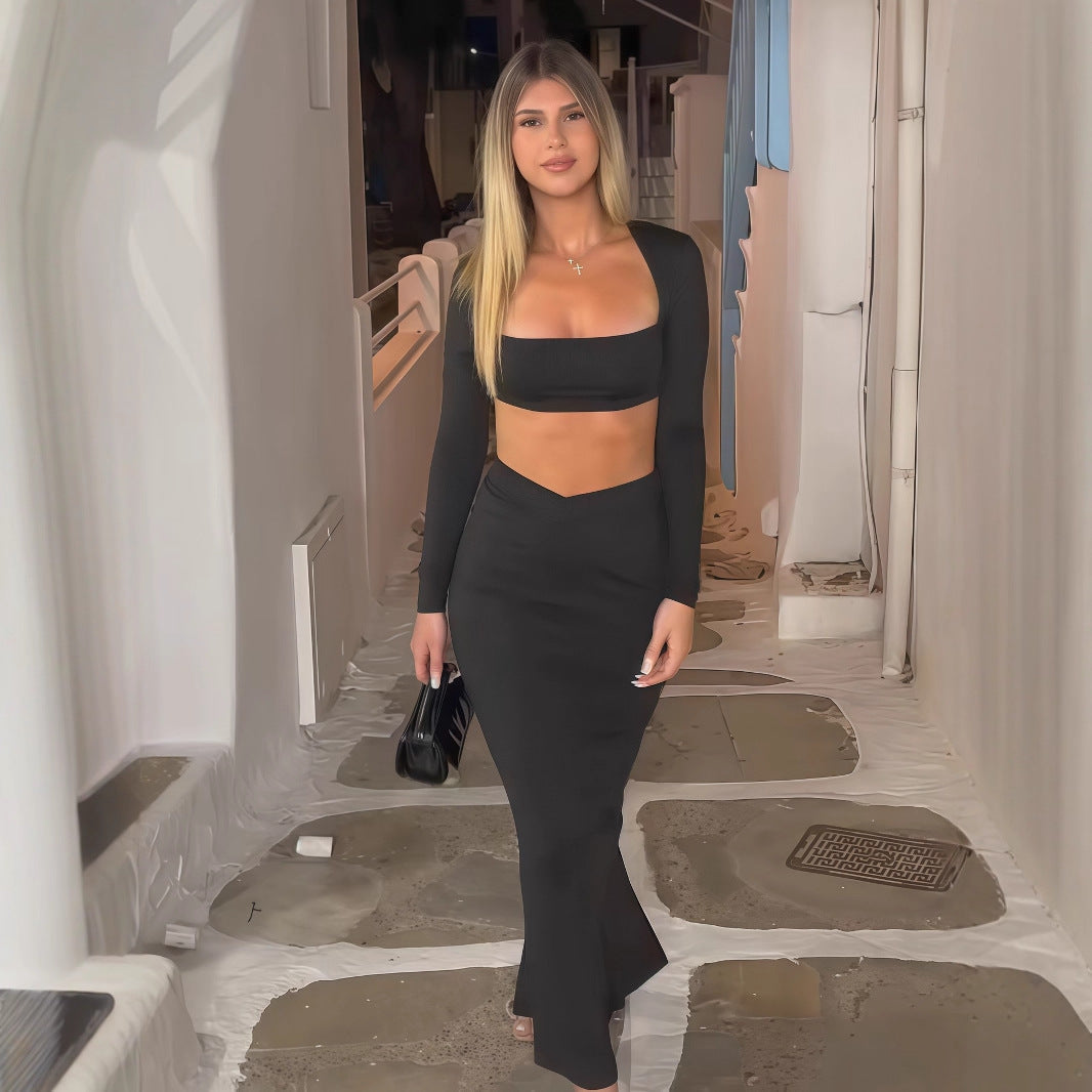 Elegant Crop Top and Maxi Skirt Set with Sheer Detail
